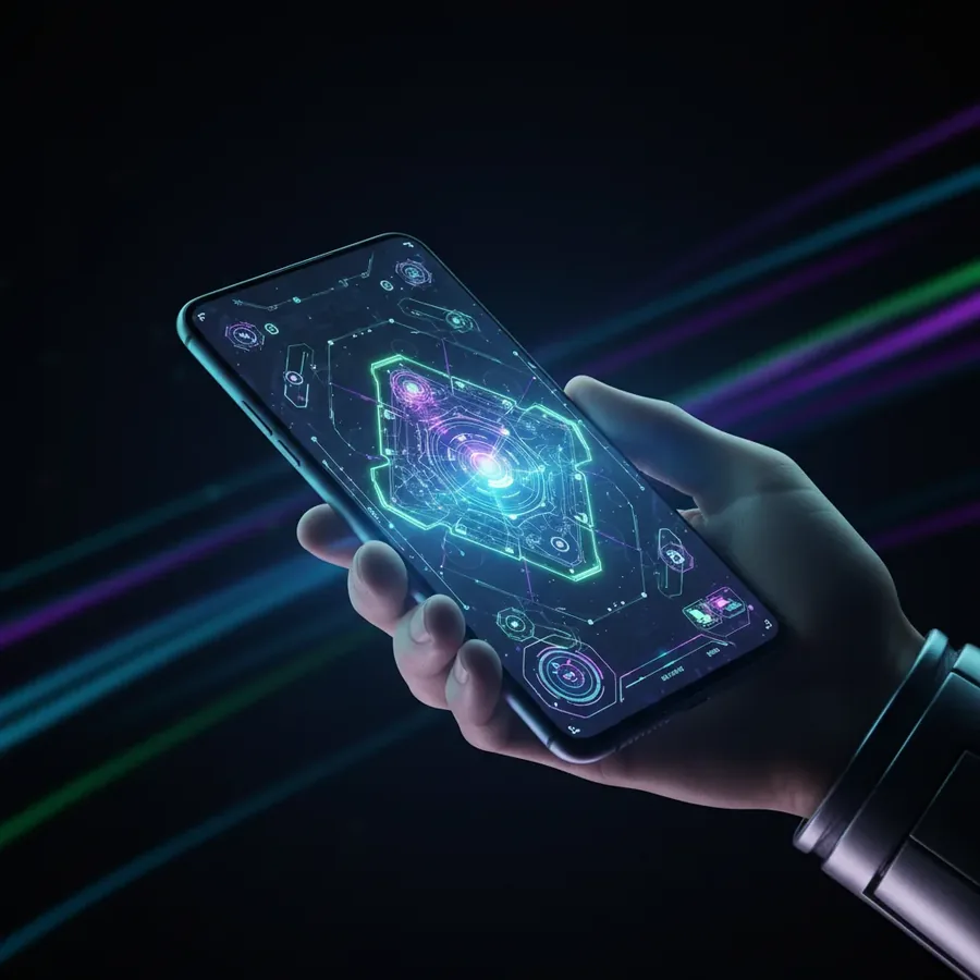 Hand holding a smartphone with glowing user interface