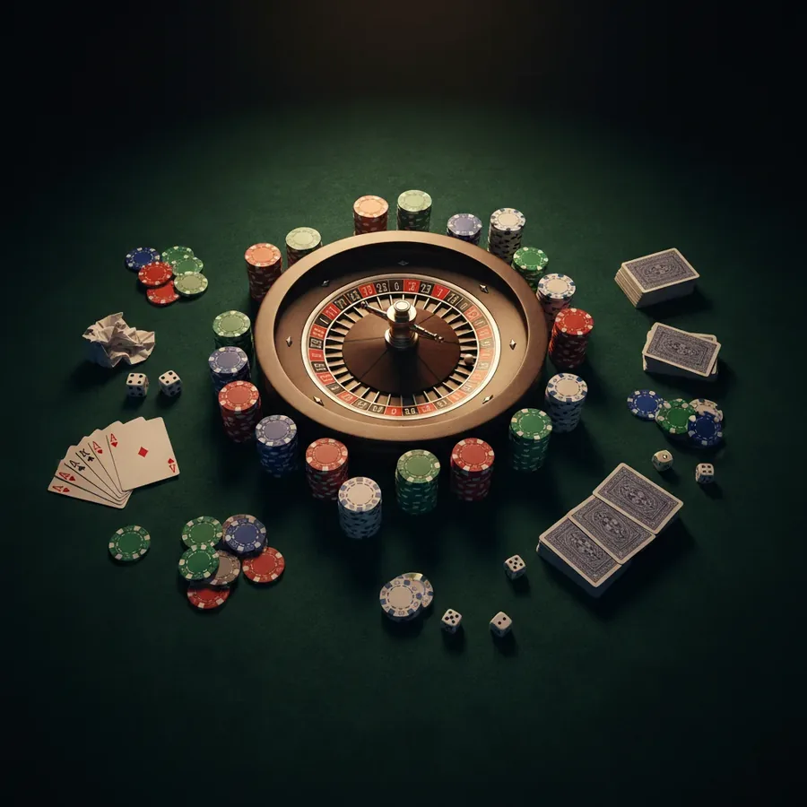 Roulette wheel, playing cards, chips, and dice on green felt