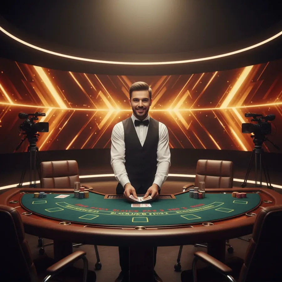 Croupier at a Blackjack table in a brightly lit studio