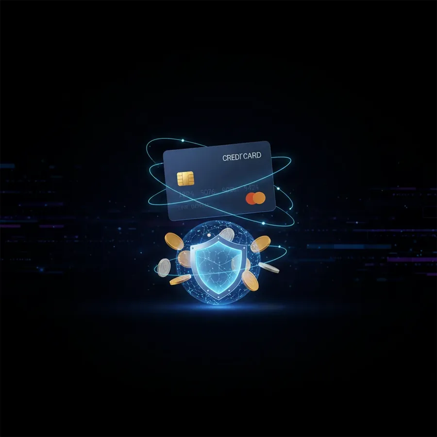 Bank card and coins in front of a glowing shield